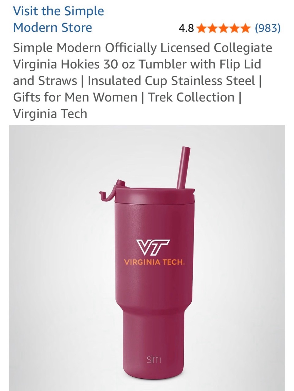 PLEASE READ LISTING!!! 
Simple Modern Virginia Tech Maroon Insulated Tumbler